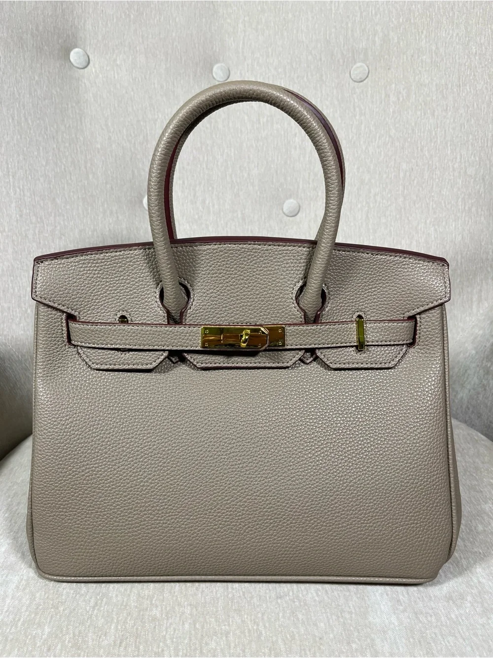 Taupe Leather Structured Top-Handle Bag with Gold Hardware